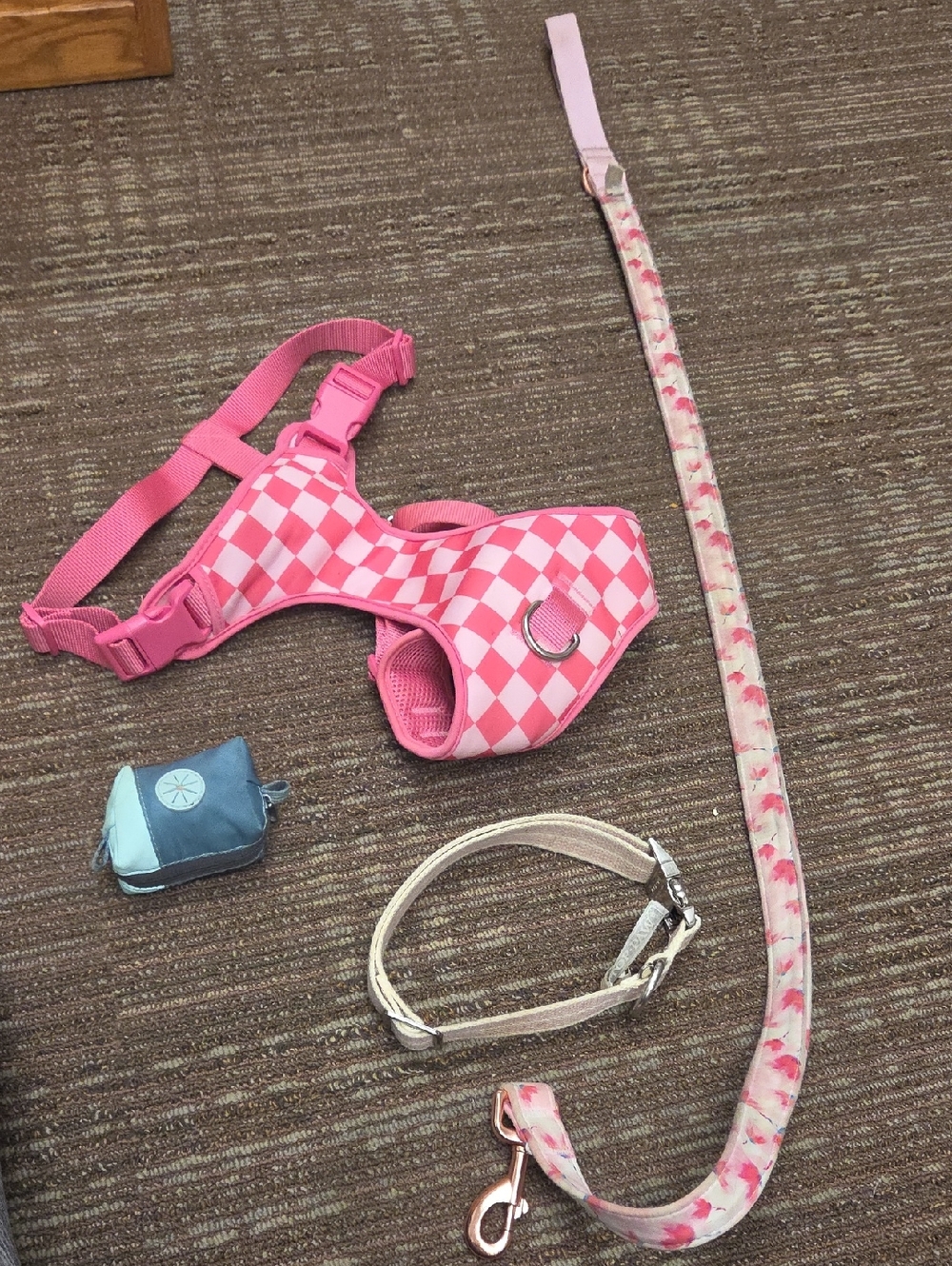 Pink Checkered Dog Harness and Floral Leash Set With Poop Bag And 2 Rolls Of Bag